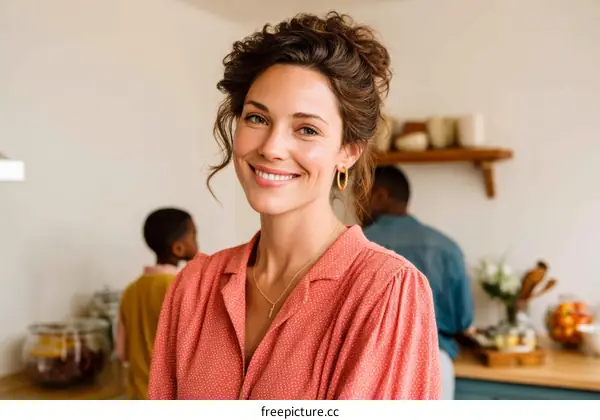 Smiling Woman in a Kitchen Setting