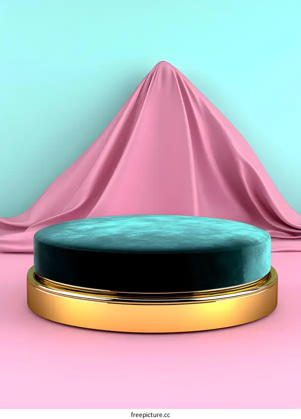Abstract Minimalist Green Velvet Podium With Golden Base  On Pink and Blue Background