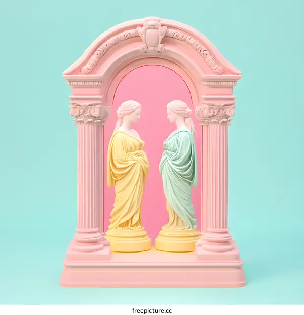 Two Greek Statues in Pink Archway