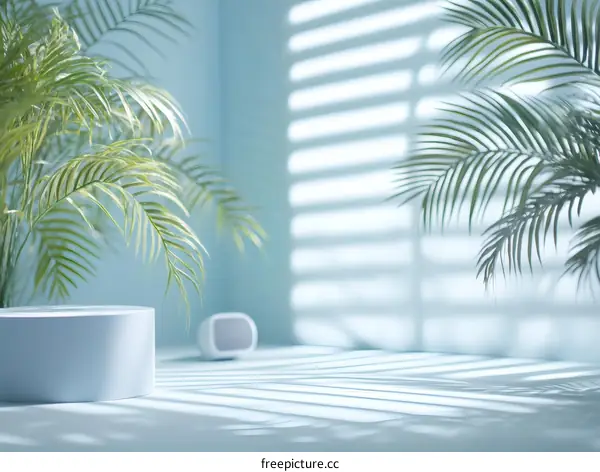 Pastel Blue Minimalist Product Display with Palm Leaves