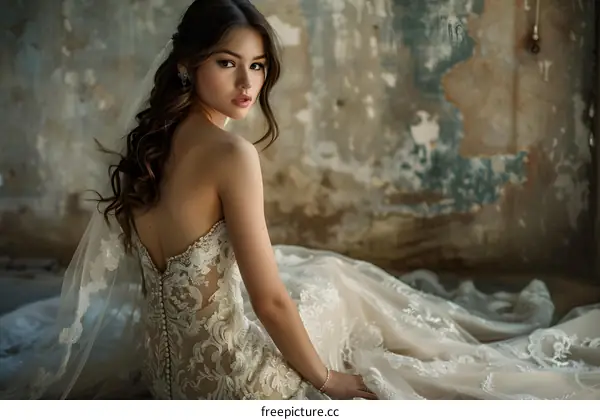 A young woman in a wedding dress