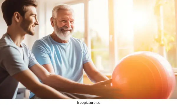 Physical therapist helping senior man with exercise ball