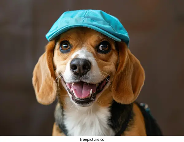 A Beagle dog wearing a blue hat