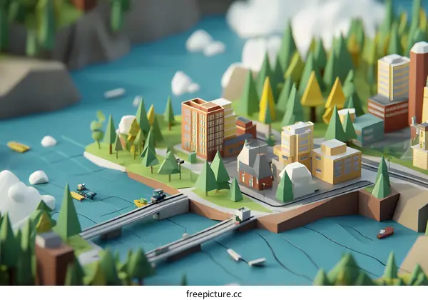 Low Poly Cityscape with River and Bridge