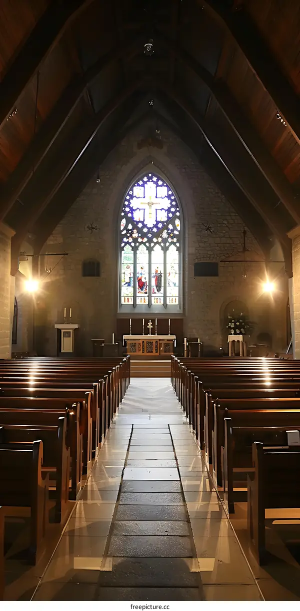 An empty church with wooden pews and a stained glass window