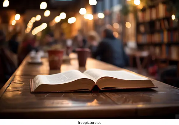 Open book on a wooden table in a library with people in the background