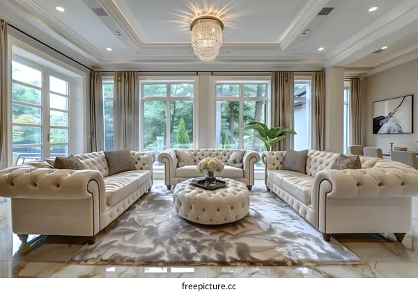 The sofas and rug in the living room are cream-colored.