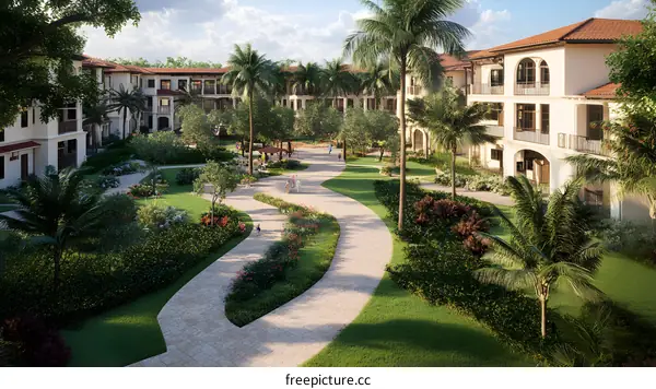 Luxury Apartment Complex with Lush Green Courtyard
