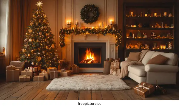 Cozy living room with Christmas tree, fireplace and presents