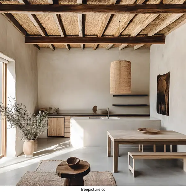 Minimalist Kitchen Interior Design With Wooden Beams and Natural Light