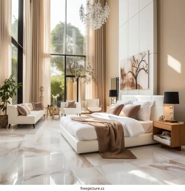 Modern luxury bedroom interior design with large windows and marble floor