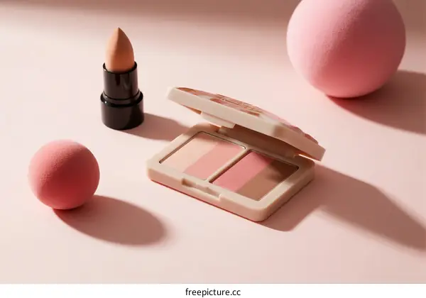 Close-up of blush palette and lip balm on pink background