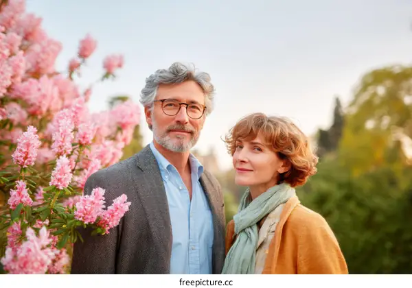 Couple Posing in Blooming Spring Flowers