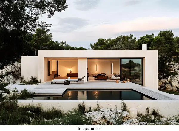 Modern Minimalist Villa with Swimming Pool and Surrounding Trees