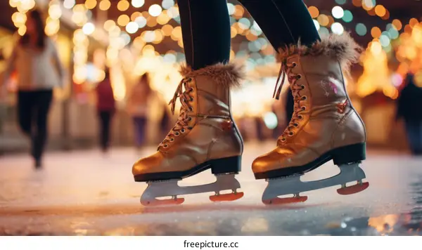 Close-up of woman's ice skates on an ice rink with blurred lights in the background
