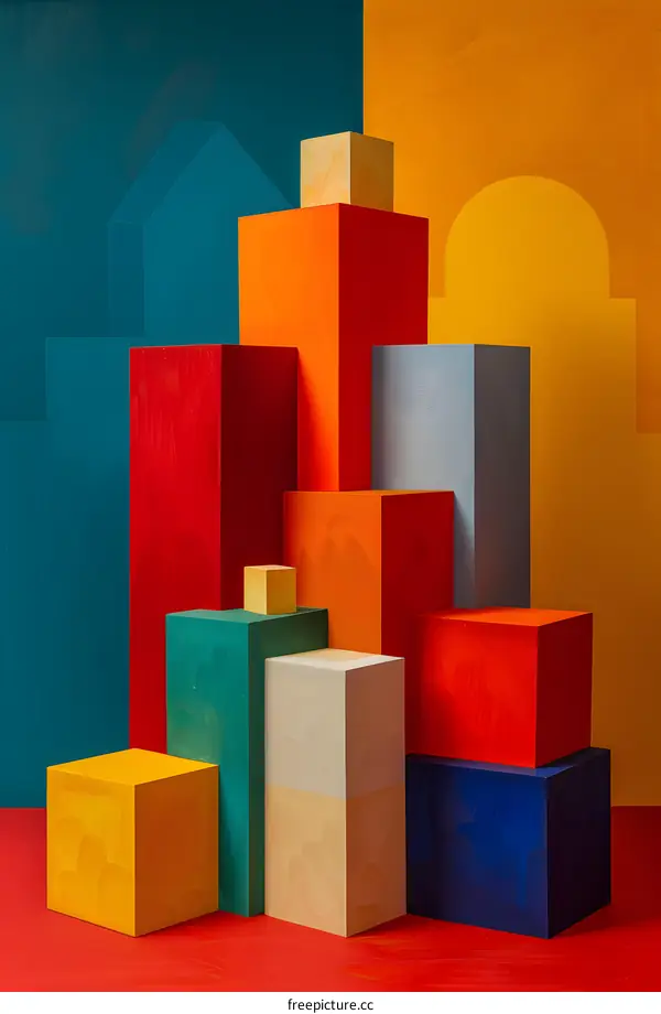 Colorful 3D blocks arranged in a cityscape