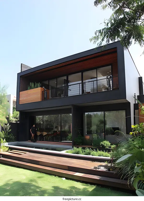 Modern Black House with Wooden Deck and Swimming Pool