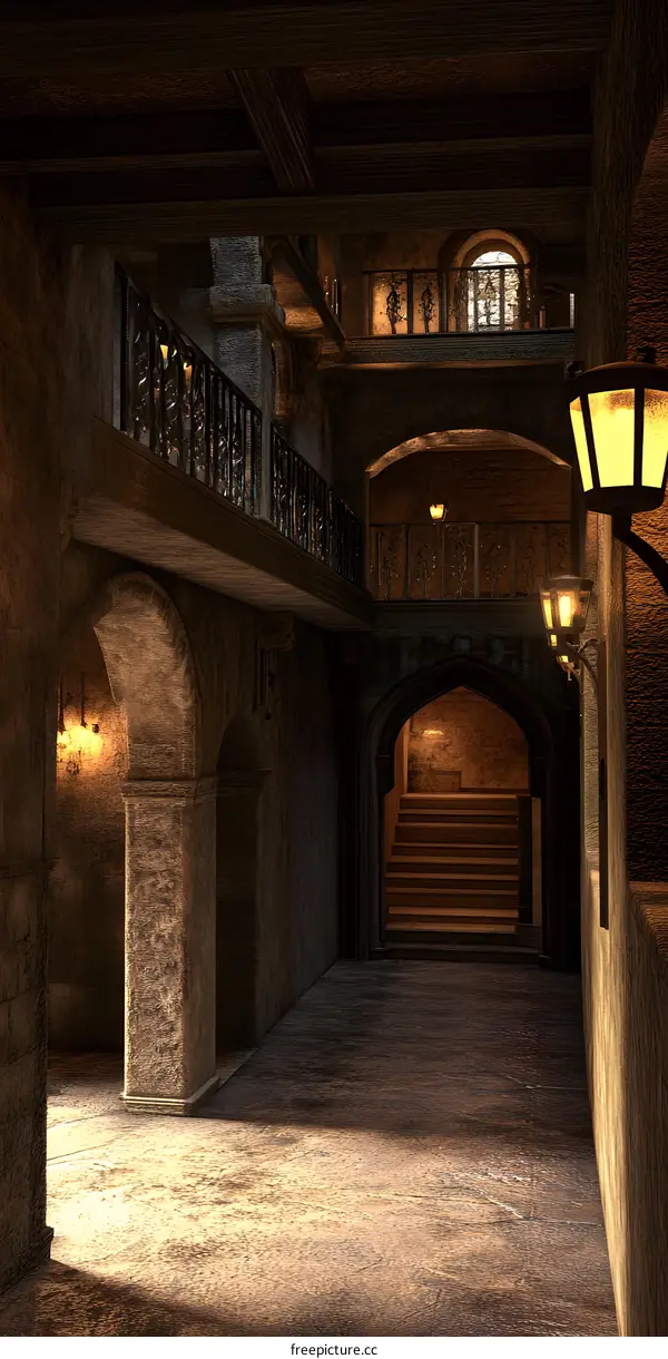 Dark and Mysterious Hallway with Archways and Stairs
