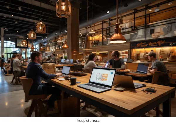 People working on laptops in a cafe