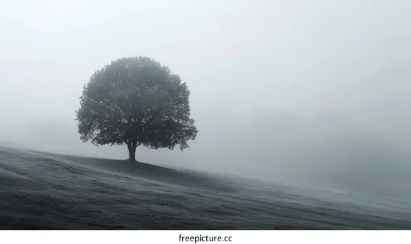 Black and white photo of a lonely tree on a foggy hill