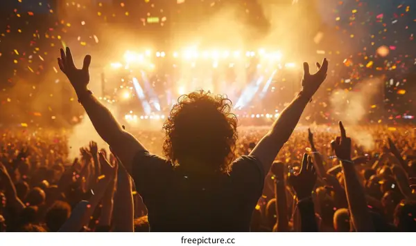Ecstatic Crowd Raising Hands at Music Festival