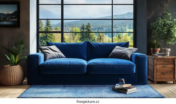 Modern Living Room with Blue Velvet Sofa and Mountain View