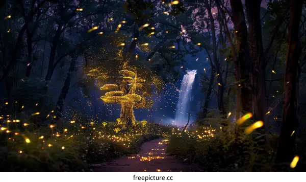 Fantasy forest with glowing mushrooms and waterfall