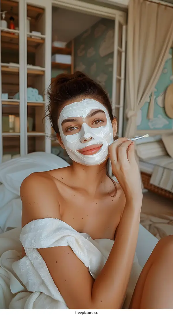 woman applying white facial mask with brush