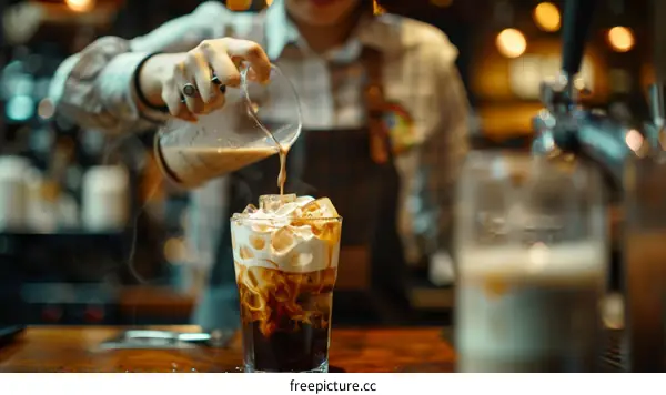 Barista pouring cream into iced coffee