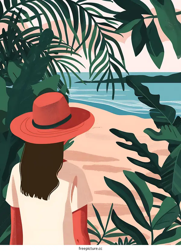 Woman in Red Hat Looking at Beach with Palm Trees