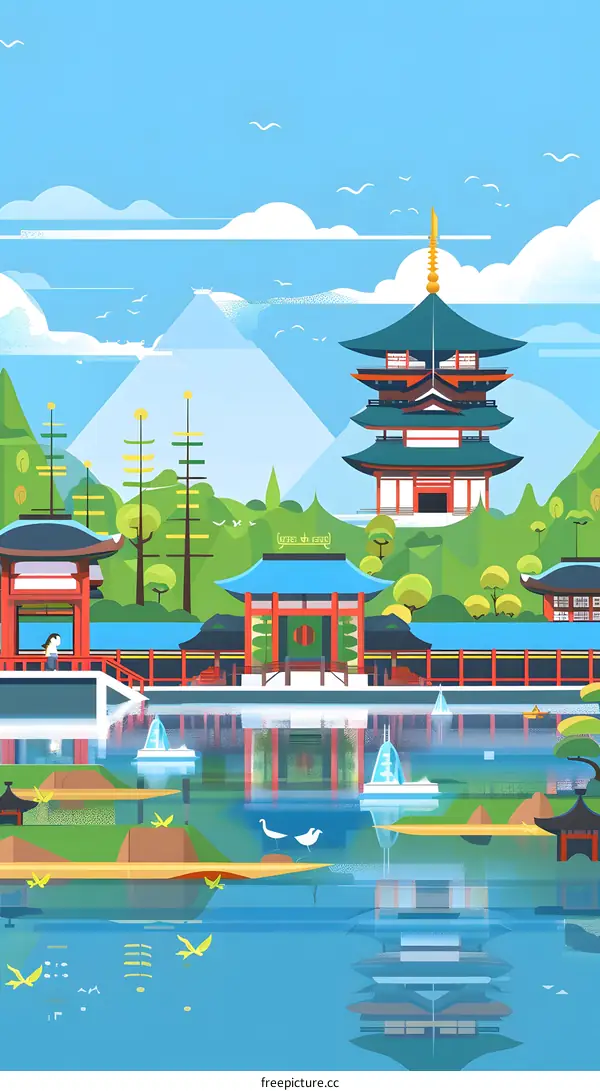 Japanese Pagoda Landscape Illustration