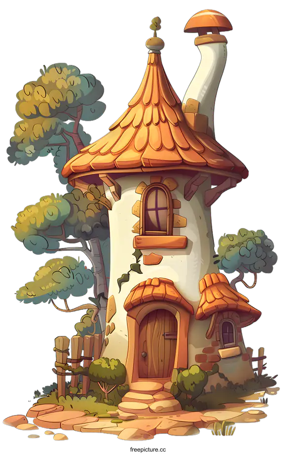 [Transparent Background PNG]Cartoon Illustration of a Fantasy Cottage with Orange Roof