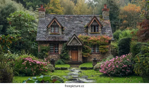 Thatched roof cottage in the woods with a garden full of flowers