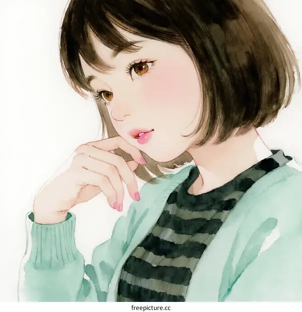 A Young Woman with Short Hair Wearing Green Cardigan