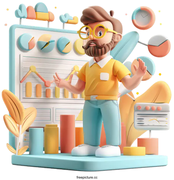 [Transparent Background PNG]3D Cartoon Businessman Standing in Front of Chart and Data