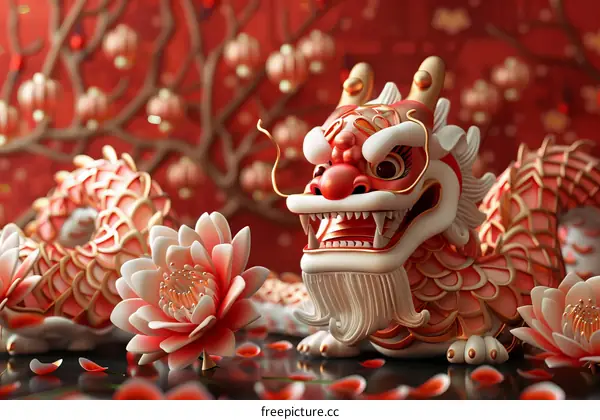 Red and Gold Dragon on Lotus Flower with Cherry Blossom Background