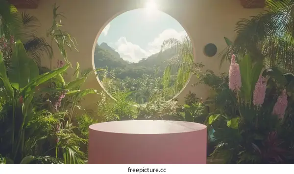 Tropical Indoor Garden Scene with Pink Accent