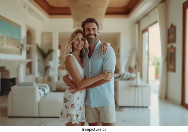 Happy couple hugging in modern living room