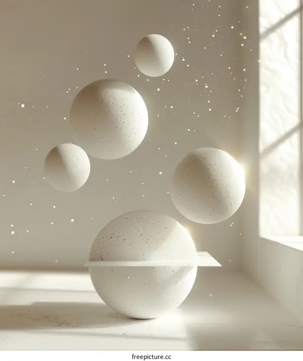 3D rendering of a group of white spheres floating in a white space with a window