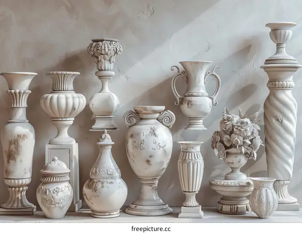 Elegant White Decorative Vases and Columns