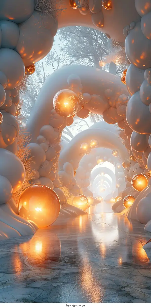 Glowing Spheres in Futuristic Organic Architecture