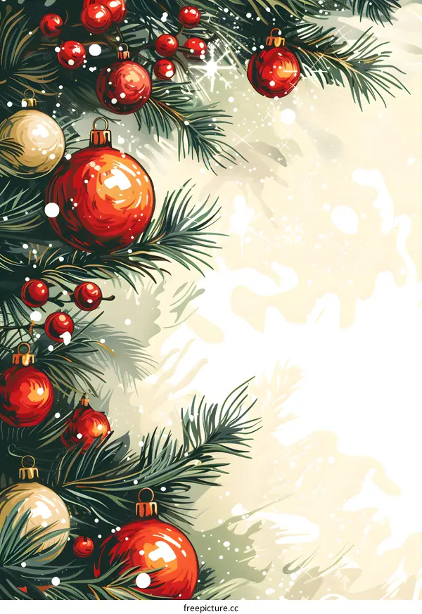 Christmas background with fir branches and red and gold ornaments.