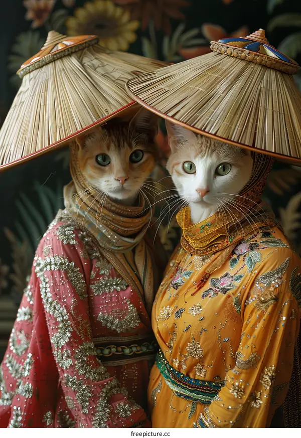 Two cats wearing traditional Chinese clothing and hats