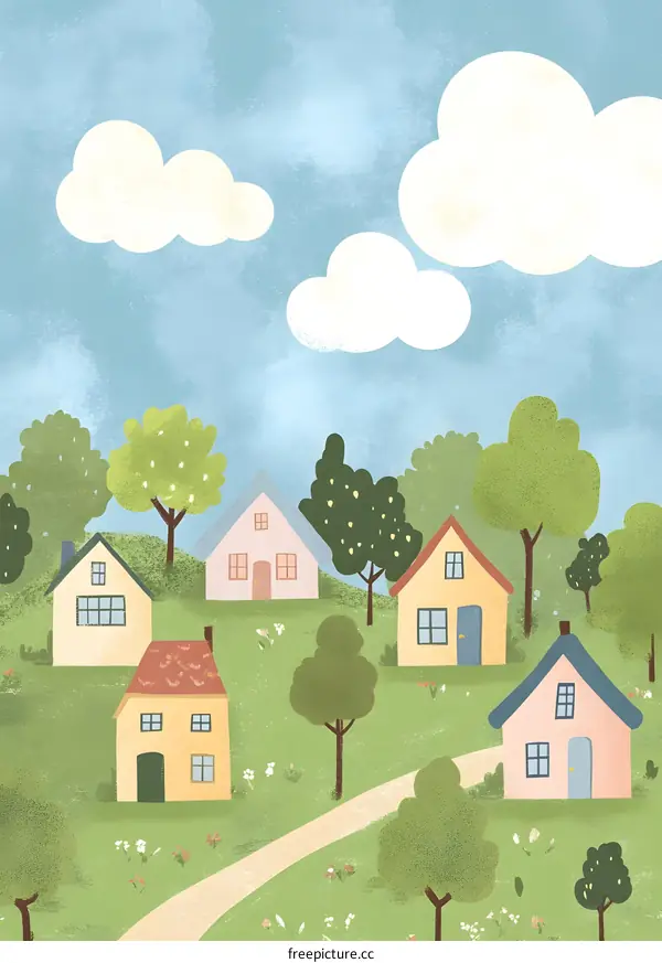 Cute Cartoon Illustration of a Small Town with Houses and Trees
