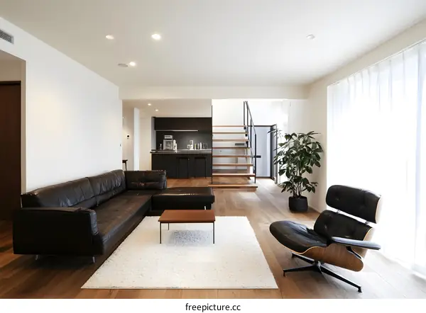 Modern Living Room With White Rug And Black Leather Couch