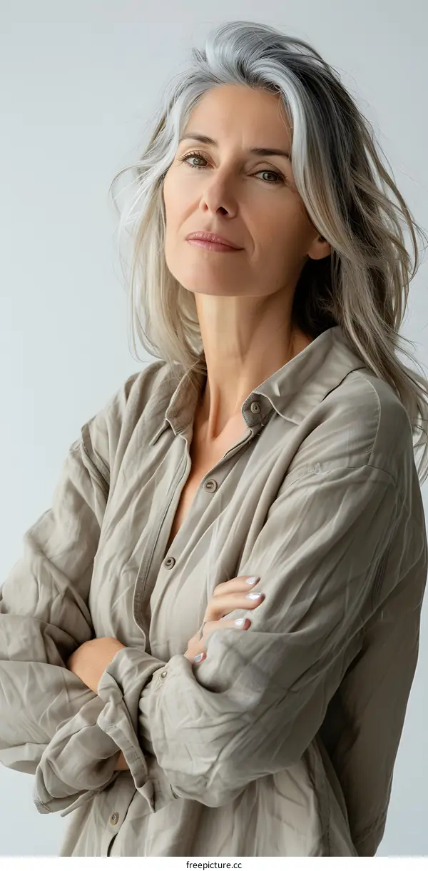 portrait of a beautiful middle-aged woman with gray hair