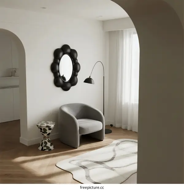 Modern living room with stylish furniture and decorative mirror