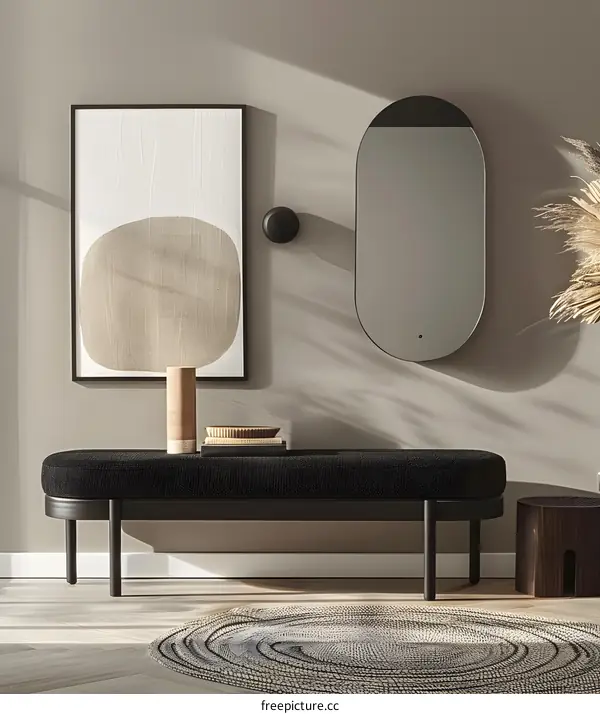 Minimalist Interior Design With Black Bench, Oval Mirror, And Abstract Artwork