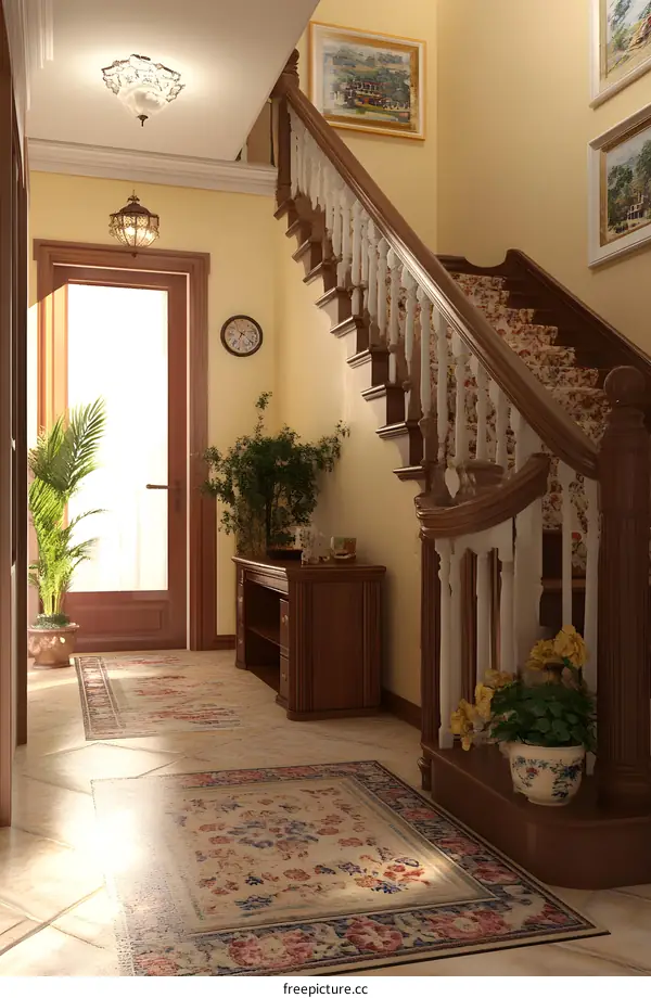 Elegant Staircase Design with Floral Pattern Carpet
