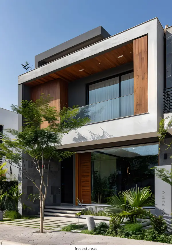 Modern House Exterior Design with Wooden Accents and Green Plants
